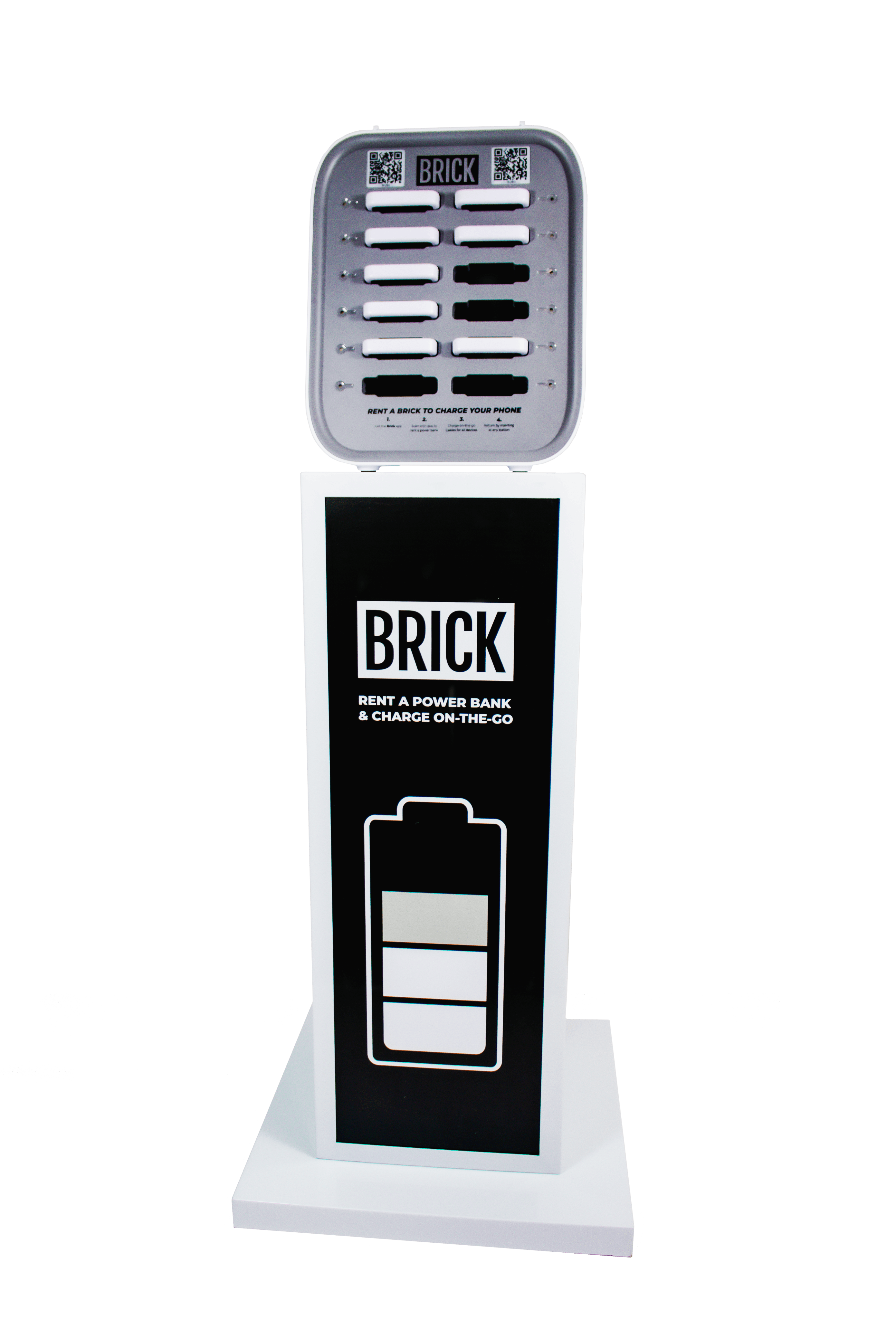 Twelve slot Brick rental station on stand