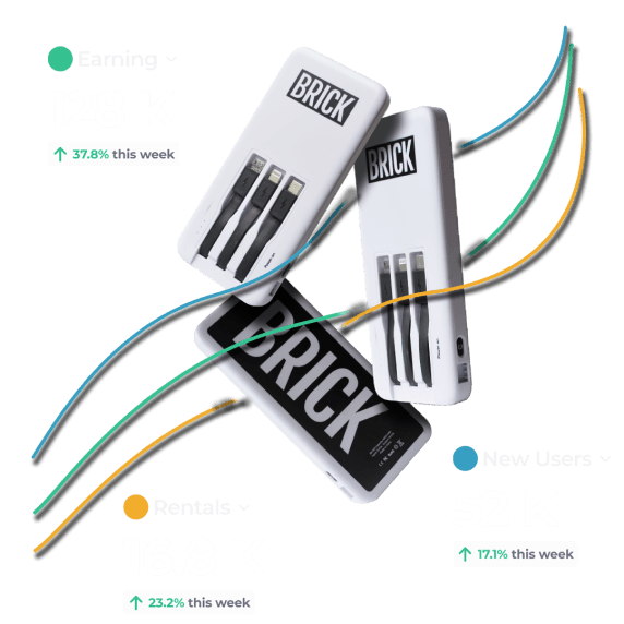 Three Brick power banks and graph lines showing positive results